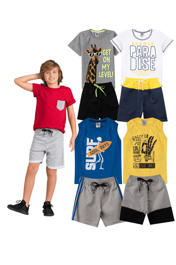 Kit Sortido 8 Peças de Roupas Infantis Masculino Verão- 4 Camisas + 4 Shorts