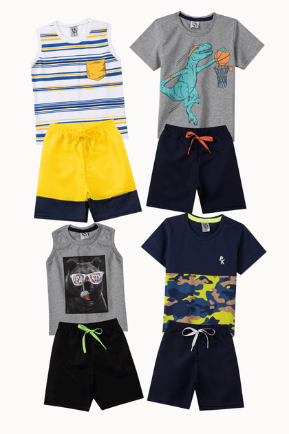 Kit Sortido 8 Peças de Roupas Infantis Masculino Verão- 4 Camisas + 4 Shorts