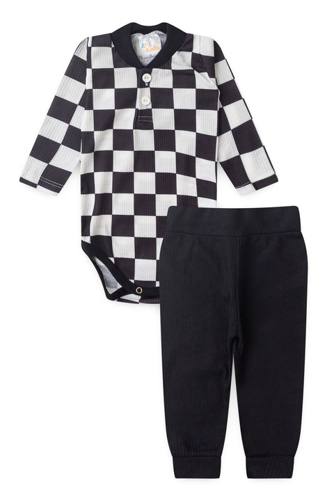 Conjunto Body e Calça Canelado - Xadrez Preto - Ame Kids
