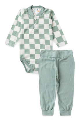 Conjunto Body e Calça Canelado - Xadrez Verde - Ame Kids