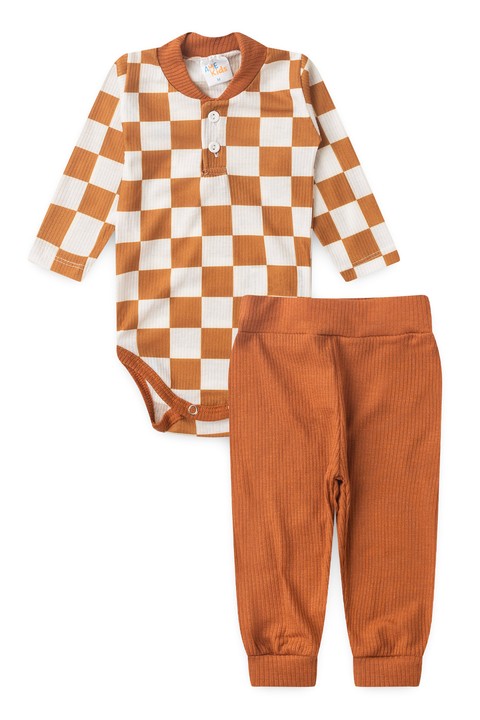 Conjunto Body e Calça Canelado - Xadrez Avelã - Ame Kids