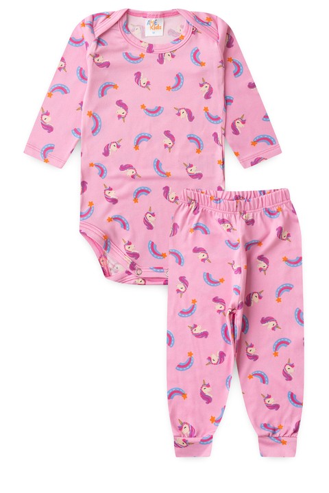 Conjunto Suede Longo Estampado - Unicórnio Rosa - Ame Kids