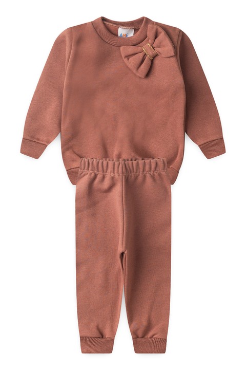 Conjunto Blusa Lacinho e Calça Moletom Menina - Avelã - Ame Kids