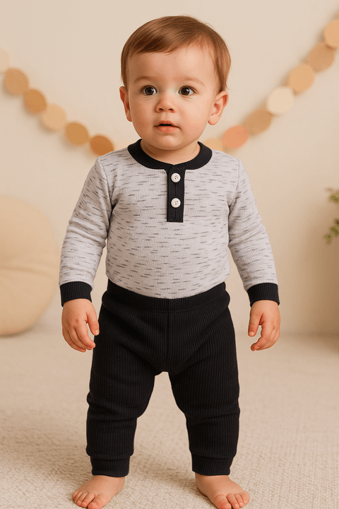 Conjunto Body Canelado Botões Menino - Mescla e Preto - Ame Kids