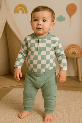 Conjunto Body e Calça Canelado - Xadrez Verde - Ame Kids