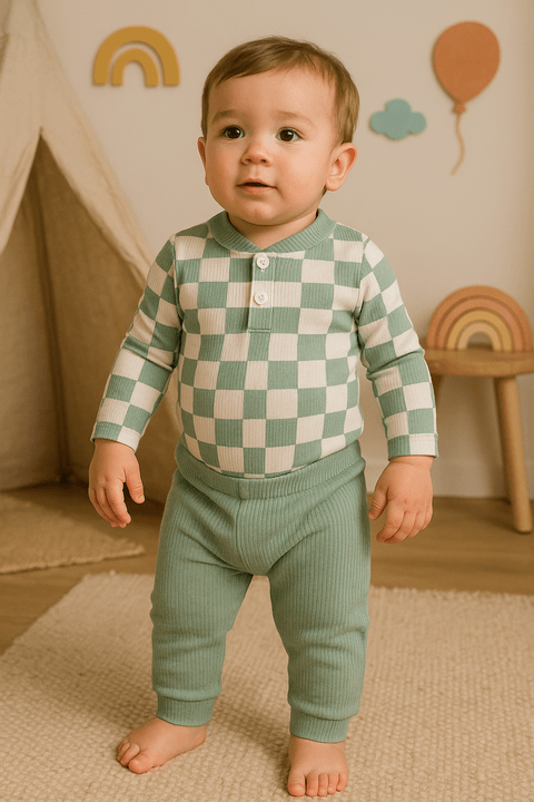 Conjunto Body e Calça Canelado - Xadrez Verde - Ame Kids