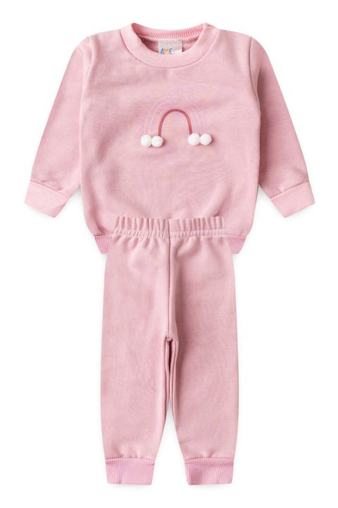 Conjunto Blusa Pompom Manga Longa e Calça Moletom - Rosa Bebê - Ame Kids