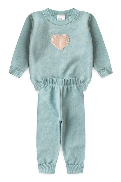 Conjunto Blusa Manga Longa Coração e Calça Moletom - Verde Jade - Ame Kids