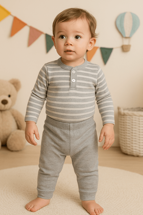 Conjunto Body Canelado Botões Menino - Mescla - Ame Kids