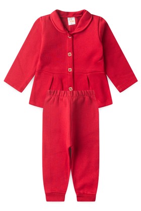 Conjunto Blusa Botões e Calça Moletom Menina - Vermelho - Ame Kids