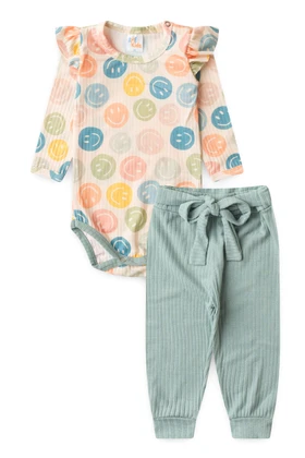 Conjunto Body Canelado Menina - Smile Bege - Ame Kids