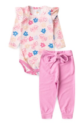 Conjunto Body Canelado Menina - Heart Rosa - Ame Kids