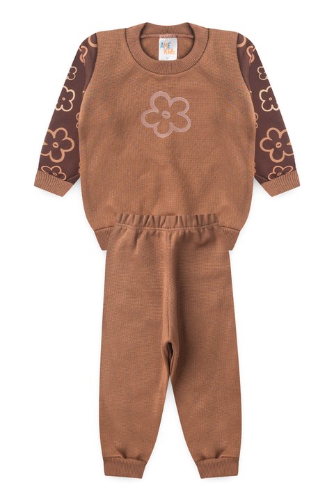 Conjunto Blusa Manga Longa e Calça Moletom - Flor Avelã - Ame Kids