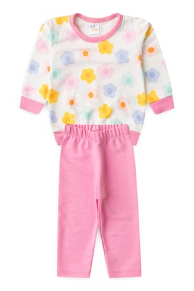 Conjunto Blusa Manga Longa e Calça Moletom - Flores Rosa - Ame Kids
