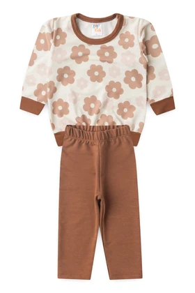 Conjunto Blusa Manga Longa e Calça Moletom - Flores Avelã - Ame Kids