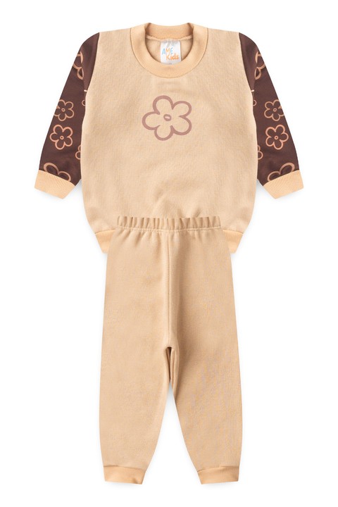 Conjunto Blusa Manga Longa e Calça Moletom - Flor Marrom - Ame Kids