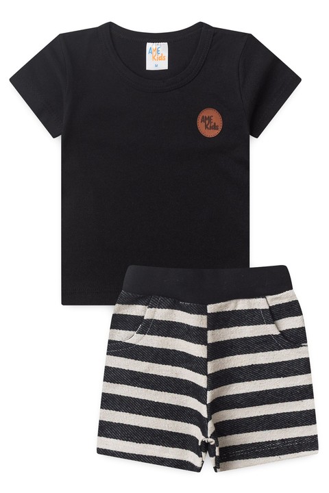 Conjunto de Meia Malha e Moletinho Ecosustentável Listrado - Preto - Ame Kids