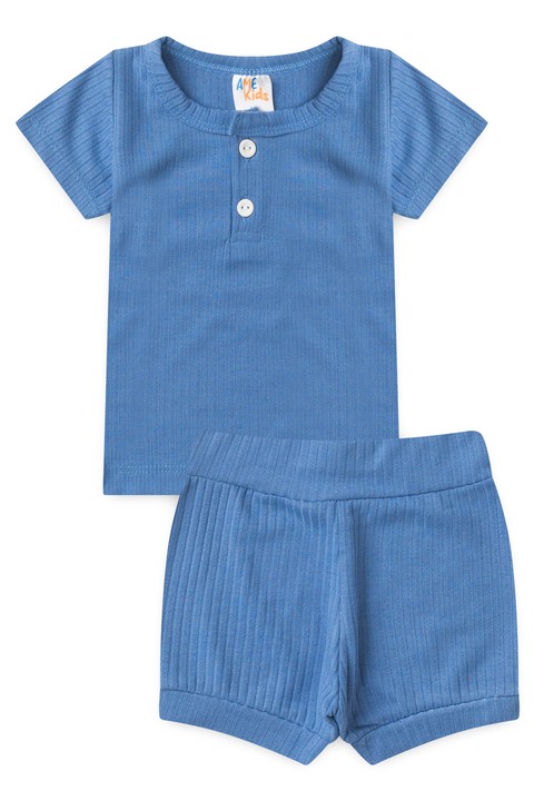 Conjunto Blusa Canelada Curta com Botões Menino - Azul Rivera - Ame Kids