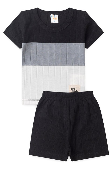 Conjunto de Blusa e Shorts Canelado Tricolor - Preto - Ame Kids