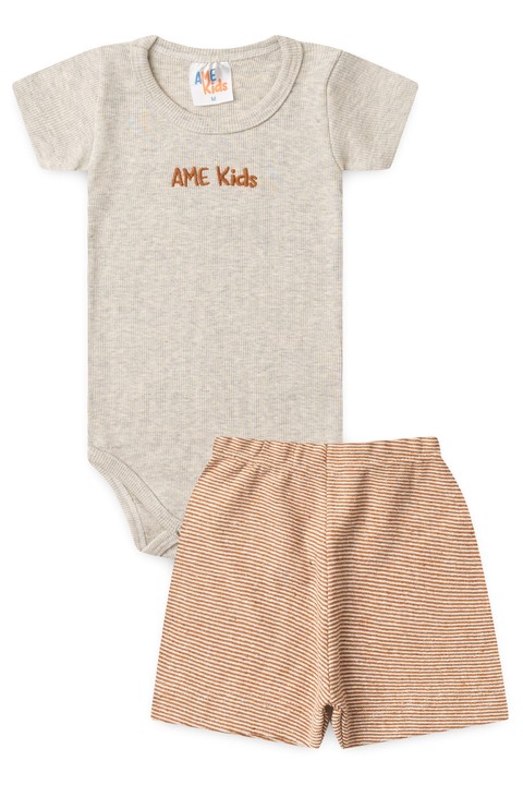 Conjunto Body Canelado e Short Sustentável - Bege e Avelã - Ame Kids