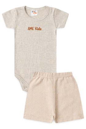Conjunto Body Canelado e Short Sustentável - Bege e Off-White - Ame Kids