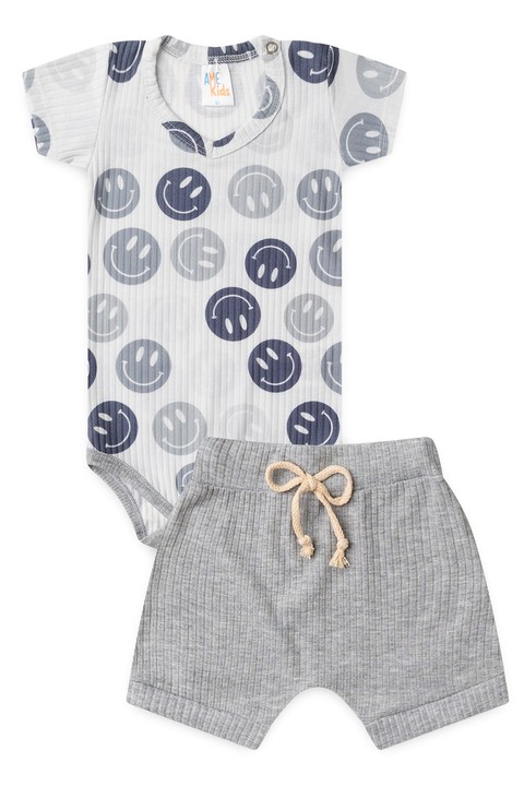 Conjunto Body Canelado Curto Menino - Smile Cinza - Ame Kids