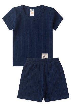 Conjunto de Blusa e Shorts Canelado Milano - Azul Marinho - Ame Kids