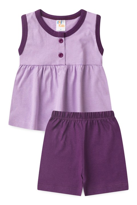 Conjunto Bata Botões Shorts Verão Bebê - Lilás - Ame Kids