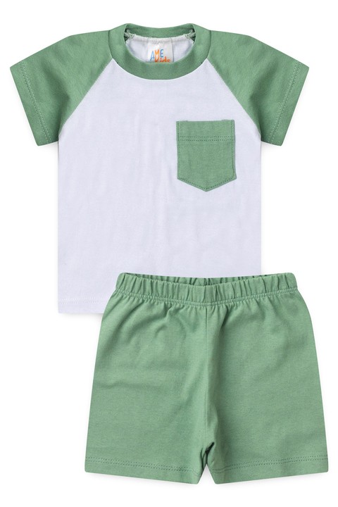 Conjunto de Blusa e Shorts Meia Malha Menino - Bolso Verde - Ame Kids