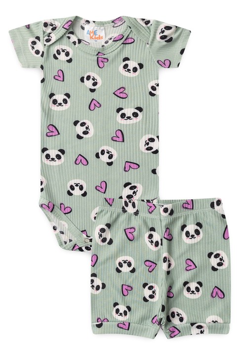 Conjunto Canelado Light Estampado Curto - Pandinha - Ame Kids