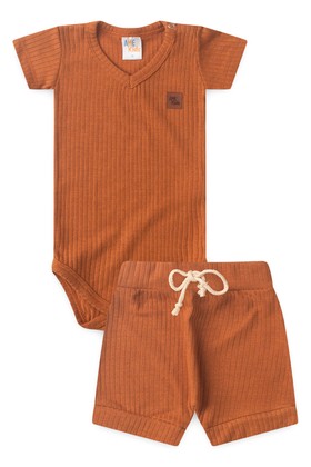 Conjunto Body Canelado Curto Menino - Avelã - Ame Kids