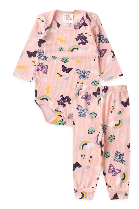 Conjunto Canelado Light Longo - Borboleta Rosa - Ame Kids