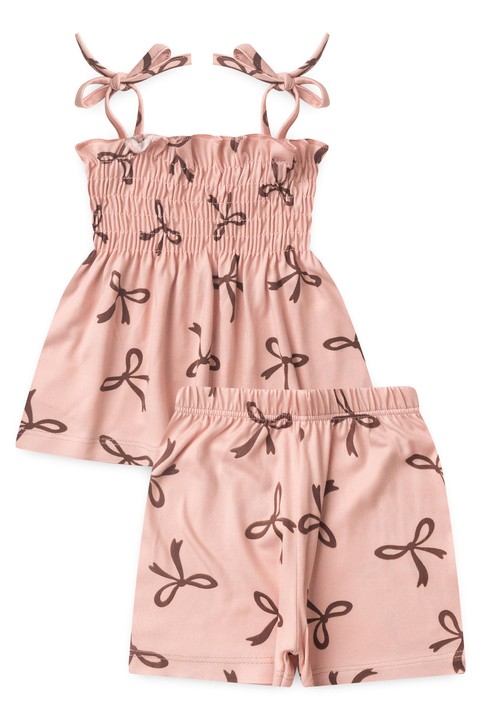 Conjunto Bata Shorts Verão Bebê - Lacinho Rosê - Ame Kids