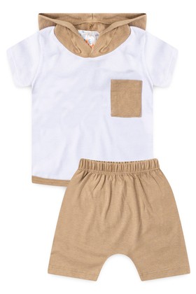 Conjunto de Blusa com Capuz e Shorts Meia Malha Menino - Nude - Ame Kids