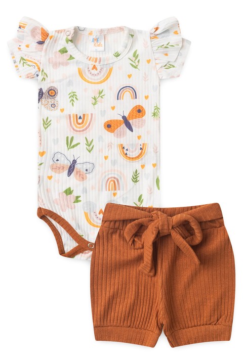 Conjunto Body Canelado Curto Menina - Borboleta Avelã - Ame Kids