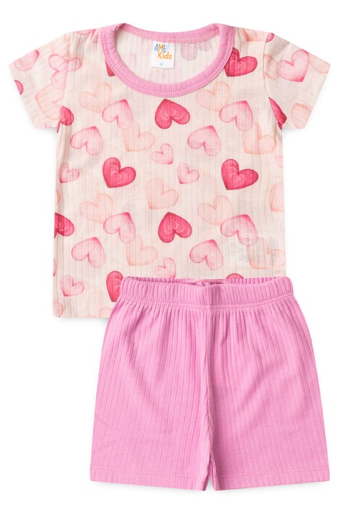 Conjunto de Blusa e Shorts Menina - Corações Rosa - Ame Kids