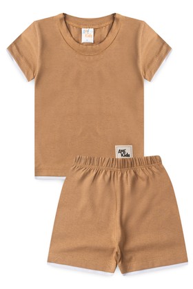 Conjunto de Blusa e Shorts Meia Malha Menino - Avelã - Ame Kids
