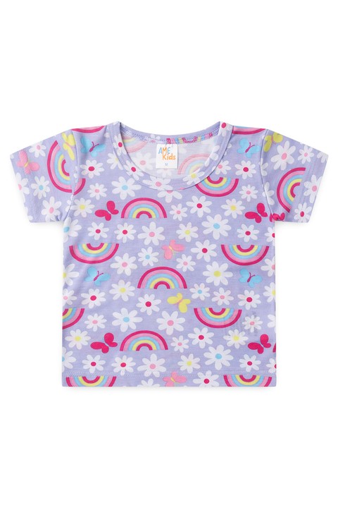 Conjunto Pijama Blusa e Shorts - Flores Lilás - Ame Kids