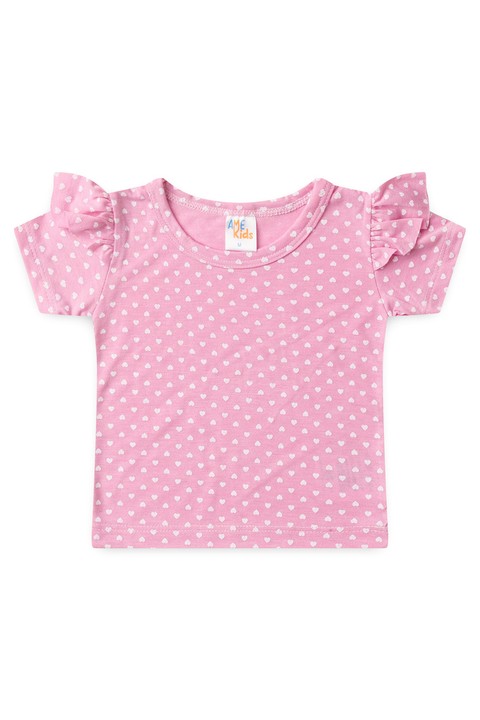 Conjunto Pijama Blusa e Shorts - Corações Rosa - Ame Kids