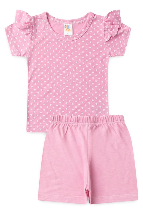 Conjunto Pijama Blusa e Shorts - Corações Rosa - Ame Kids