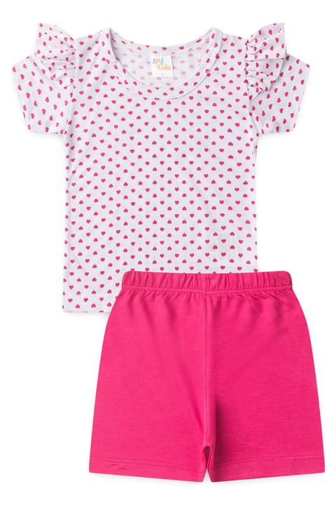 Conjunto Pijama Blusa e Shorts - Corações Branco - Ame Kids