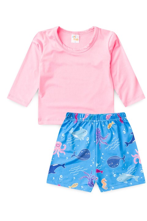 Conjunto Blusa e Short Infantil Proteção Uv - Rosa Neon - Ame Kids