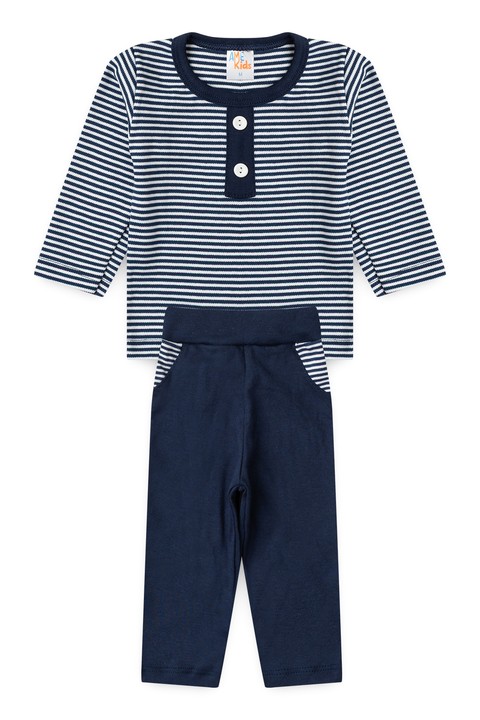 Conjunto de Blusa Listrada e Calça Menino - Azul Marinho - Ame Kids
