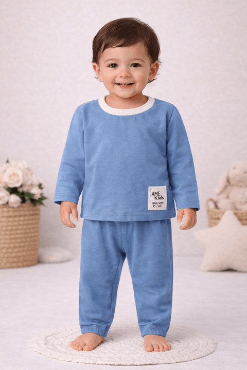 Conjunto Blusa Manga Longa e Calça Meia Malha - Azul Rivera - Ame Kids