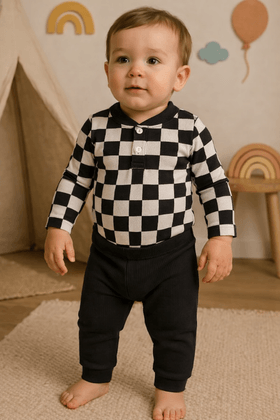 Conjunto Body e Calça Canelado - Xadrez Preto - Ame Kids