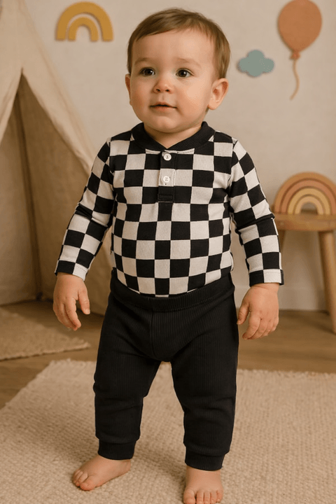 Conjunto Body e Calça Canelado - Xadrez Preto - Ame Kids