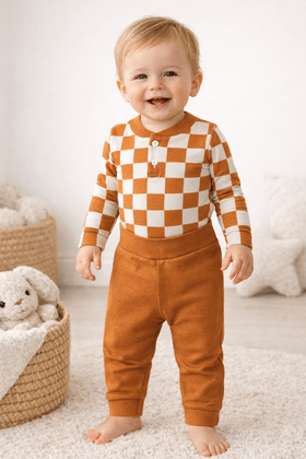 Conjunto Body e Calça Canelado - Xadrez Avelã - Ame Kids