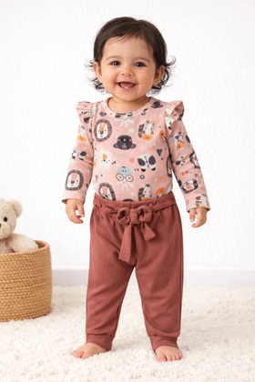 Conjunto Infantil Bebê Body e Calça Canelada Menina - Safari - Ame Kids