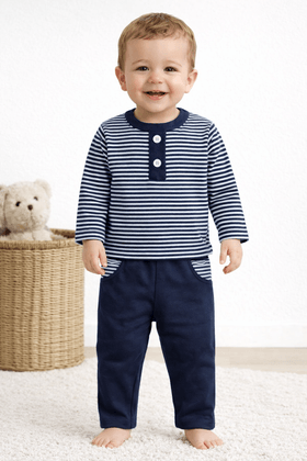 Conjunto de Blusa Listrada e Calça Menino - Azul Marinho - Ame Kids