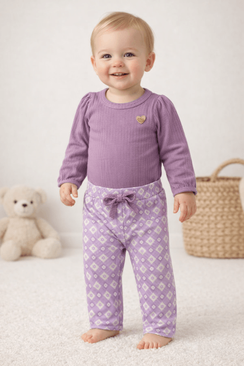 Conjunto Body e Calça Canelado - Xadrez Lilás - Ame Kids